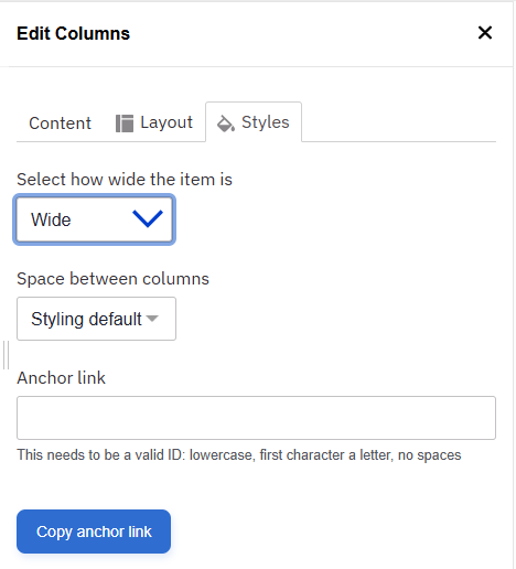 Screenshot of Edit Section Styles tab showing section width menu