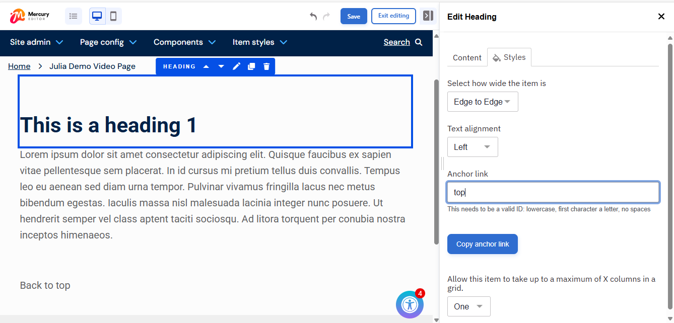 screenshot of edit component create an anchor