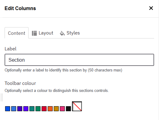 screenshot of content tab for editing a column