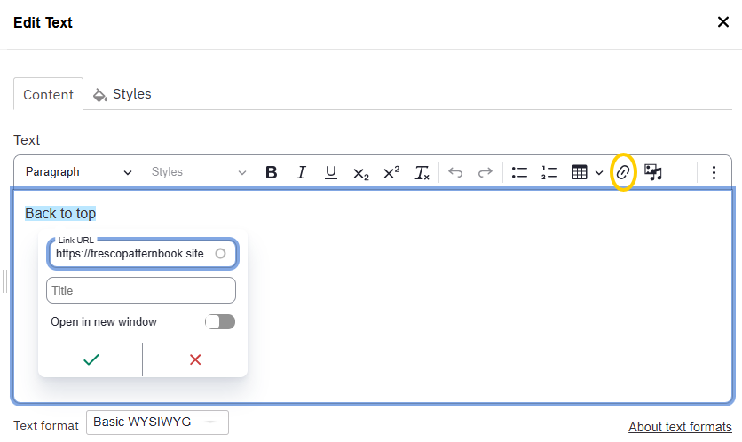 screenshot of text component showing adding a link to text