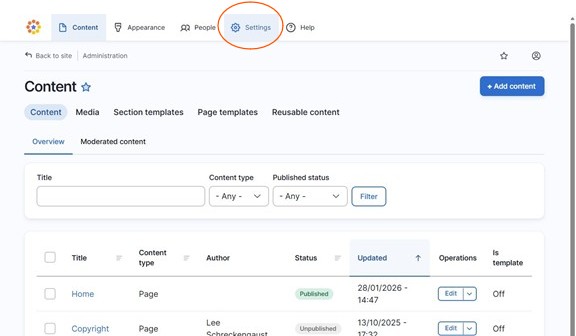 Settings tab in administration area
