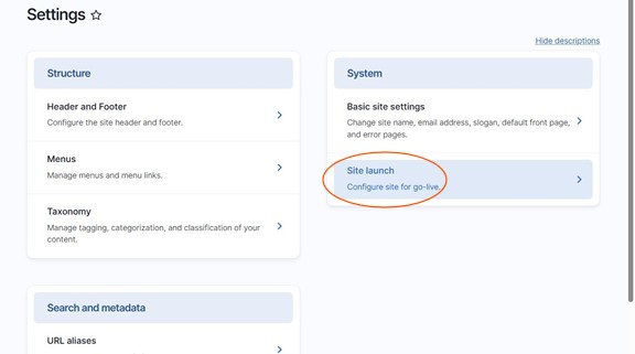 Site launch option in Settings menu