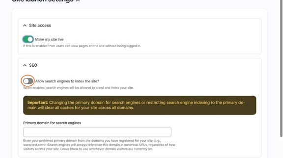 off/on toggle to allow search engines to index website