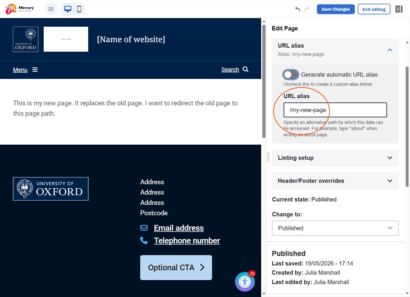 Add custom page alias to the URL alias field