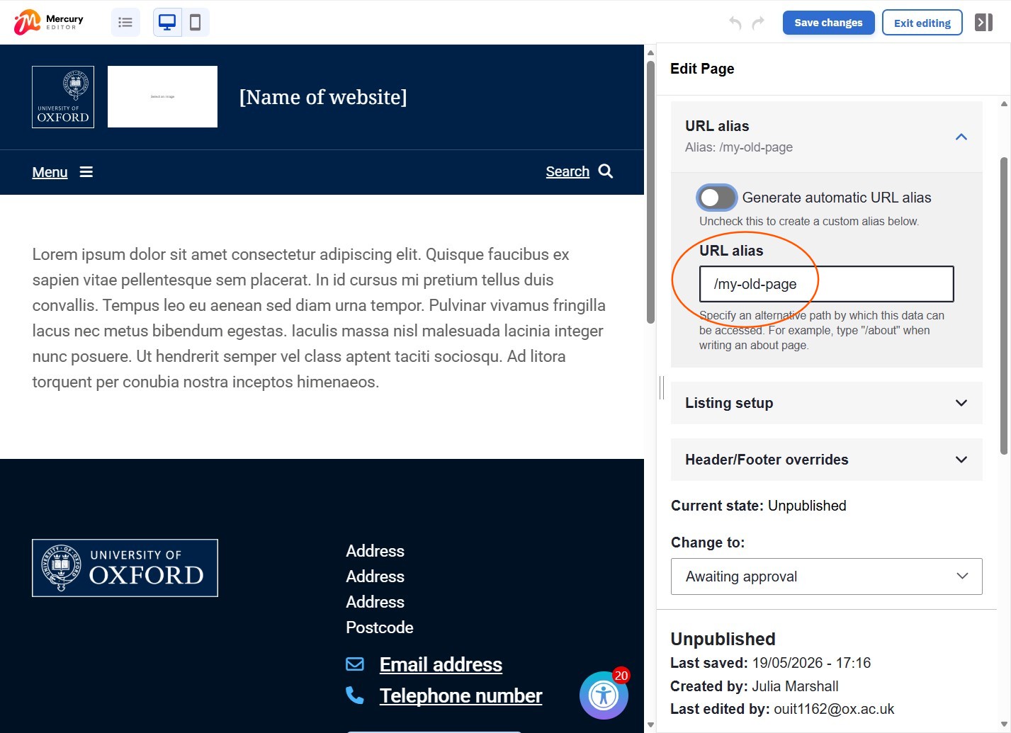 Auto-generated page alias is available to edit in URL alias field
