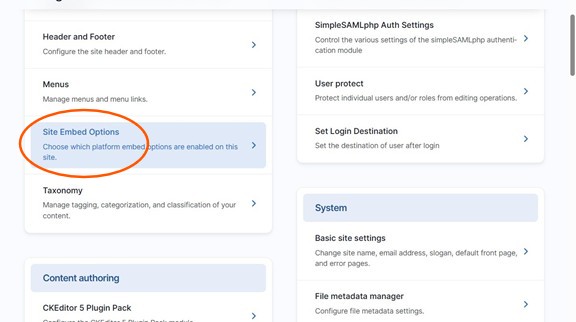 Site Embed Options in Settings Menu under Structure