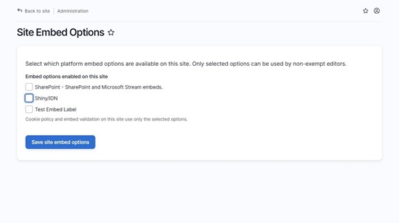 List of available embeddable applications which can be selected for use on a site