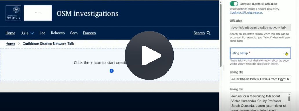 Listing setup metadata for title and text entered in Edit Pane for a new event page