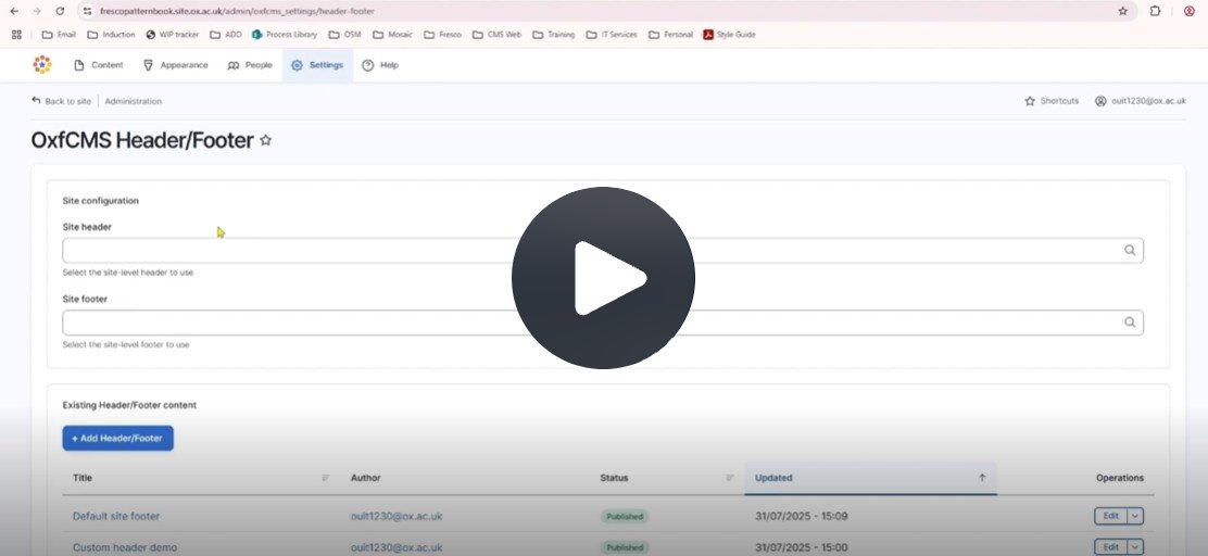 Site configuration page for adding a header or footer