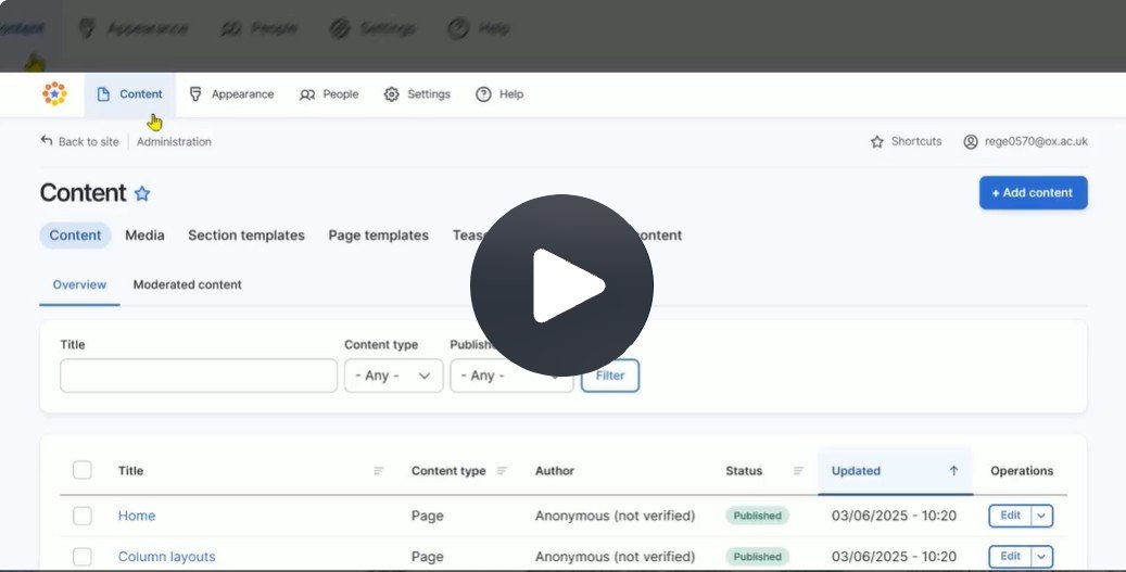 Landing page for Content admin area showing tabs for content, media, section templates and page templates