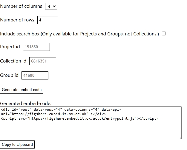 Screenshot of Helper page used to generate embed code for Figshare