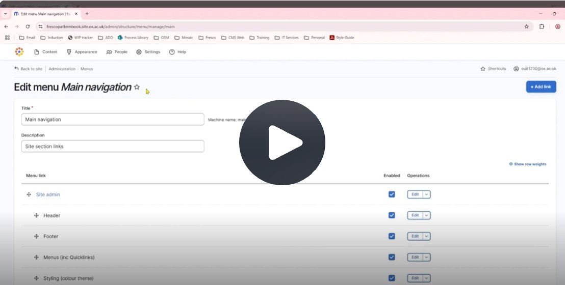 Edit menu main navigation list of menu links