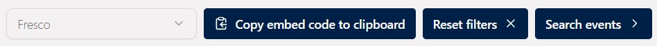 Oxford Events helper interface with Fresco selected and buttons to copy embed code to clipboard, reset filters and search events