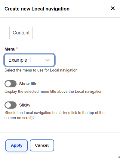 Example screenshot of the local navigation configuration window
