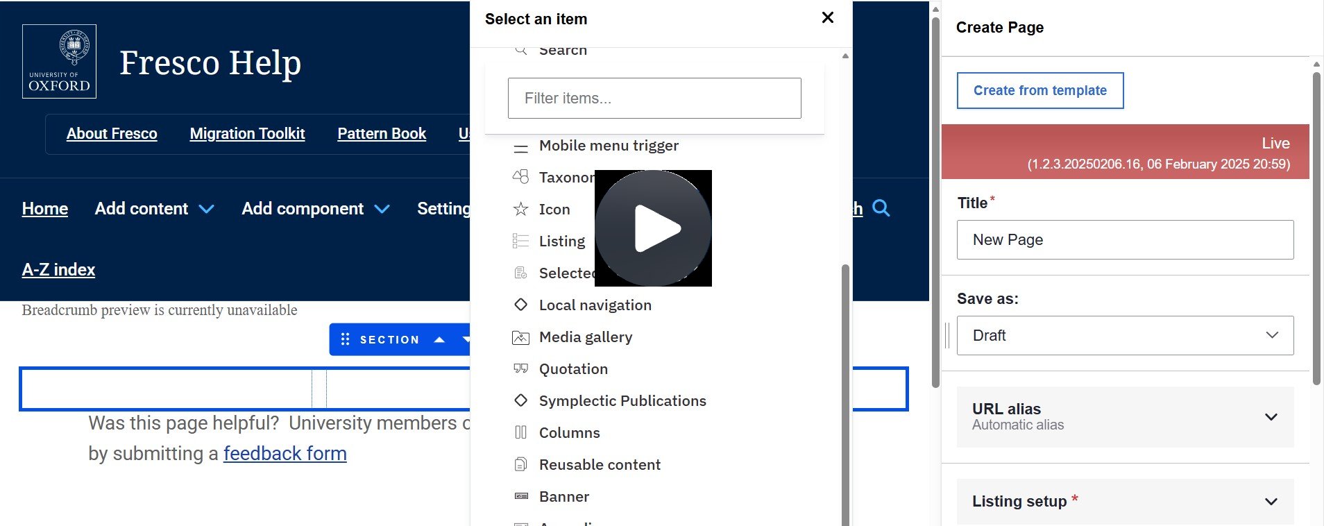 Add components menu showing Local navigation option
