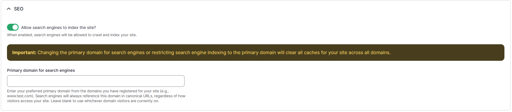Example screenshot of the Primary domain for search engines field