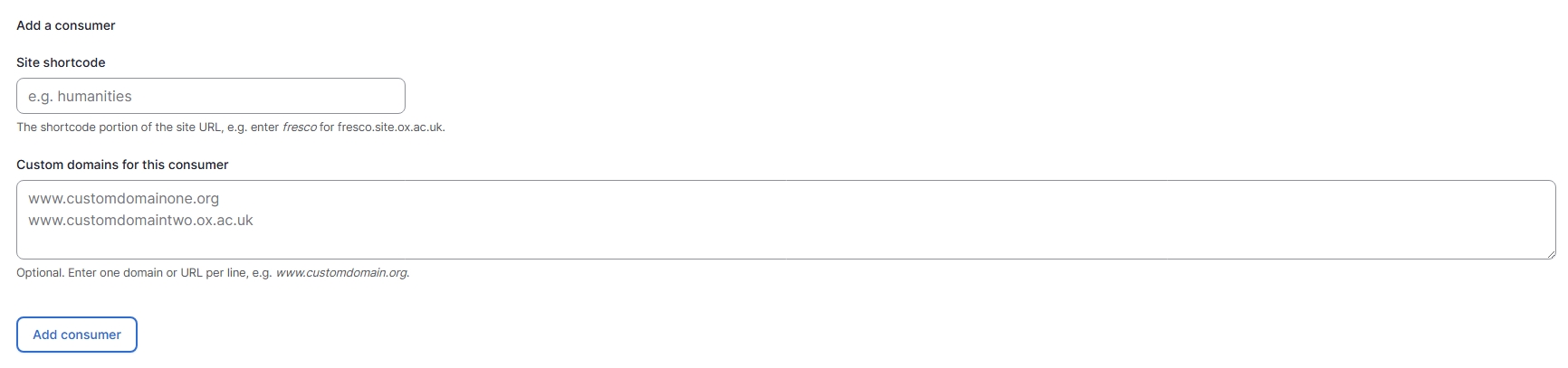 Example of 'Site shortcode' and 'Custom domain' fields
