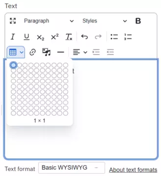 insert table icon in edit text component interface