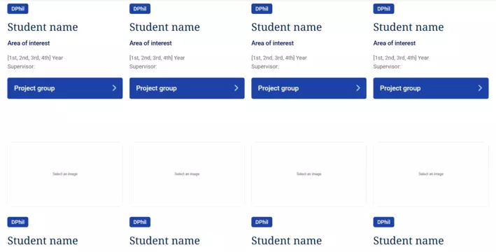 four column section containing four template cards to add DPhil students