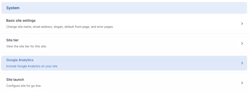 Screenshot demonstrating where the 'Google Analytics' section is within site settings