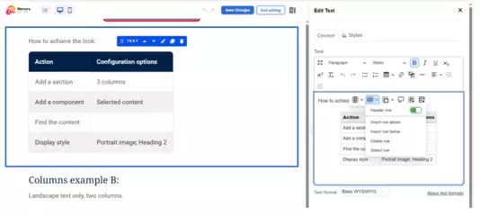 create header row in edited text component table