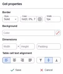 cell properties on table toolbar