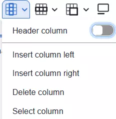 Header column menu on table toolbar