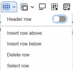 Header row menu on table toolbar
