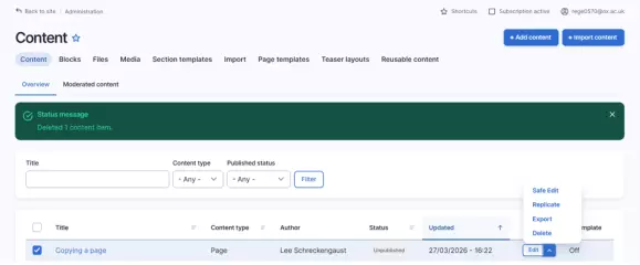 backend content list with file selected and operations menu expanded