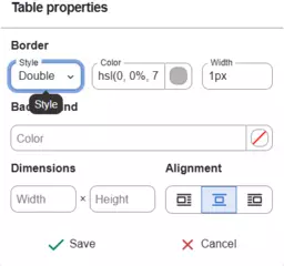 table properties on table toolbar